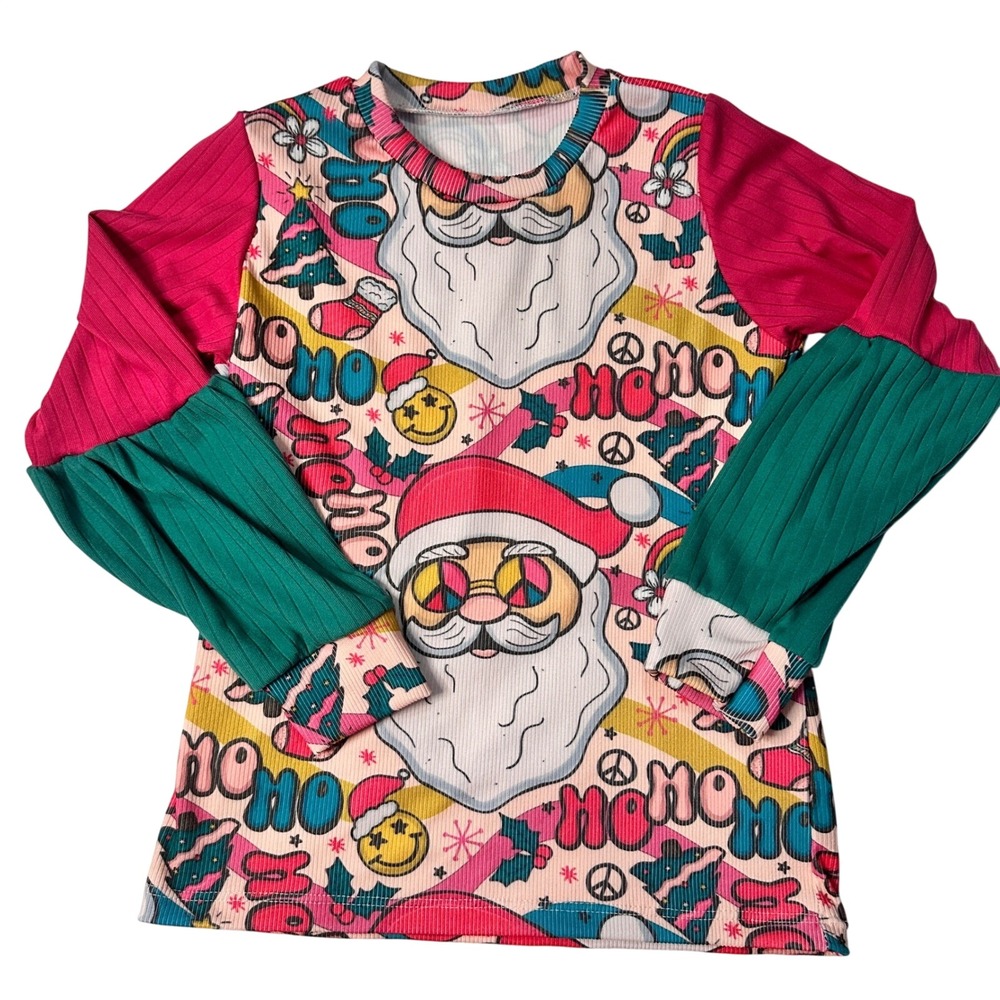 Handmade Groovy Santa Long Sleeved‎ Top Ribbed Pink Green Girls 6/7
